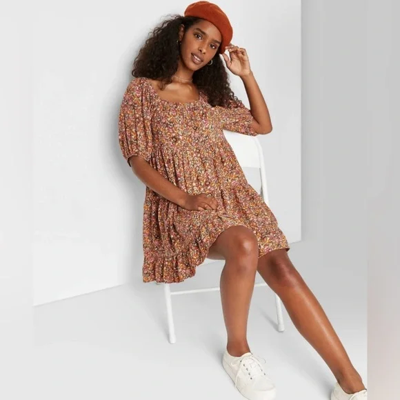 wild fable | Dresses | Wild Fable Puff Sleeve Mini Dress Size Large Floral Tiered  Dress Fall Brown Pink | Poshmark